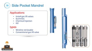 Eng. El Sayed Amer
08 Side Pocket Mandrel
applications
• Install gas lift valves
• Dummies
• Chemical Injection
• Kill
Applications
• Wireline retrievable
• Conventional gas lift valve
types
 