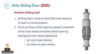 Eng. El Sayed Amer
07
Wireline Shifting Tool
Side Sliding Door (SSD)
1. Shifting Tool is used to move SSD inner sleeve to
its open or closed position
2. There are those which open by upward movement
of the inner sleeve and others which open by
moving the inner sleeve downward.
• Jar up to open sleeves
• Jar down to open sleeves
 