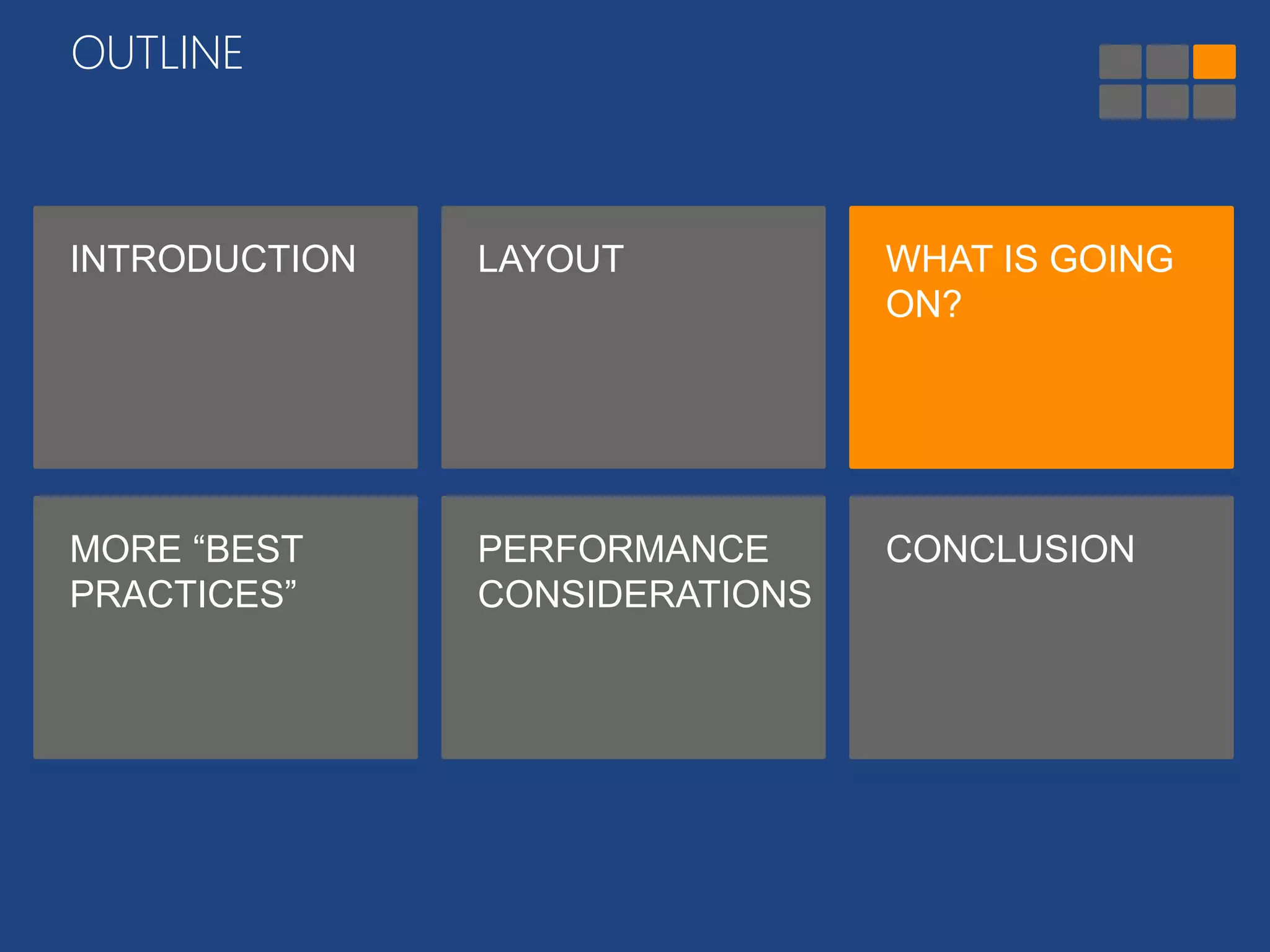 OUTLINE 
INTRODUCTION LAYOUT WHAT IS GOING 
ON? 
MORE “BEST 
PRACTICES” 
PERFORMANCE 
CONSIDERATIONS 
CONCLUSION 
 