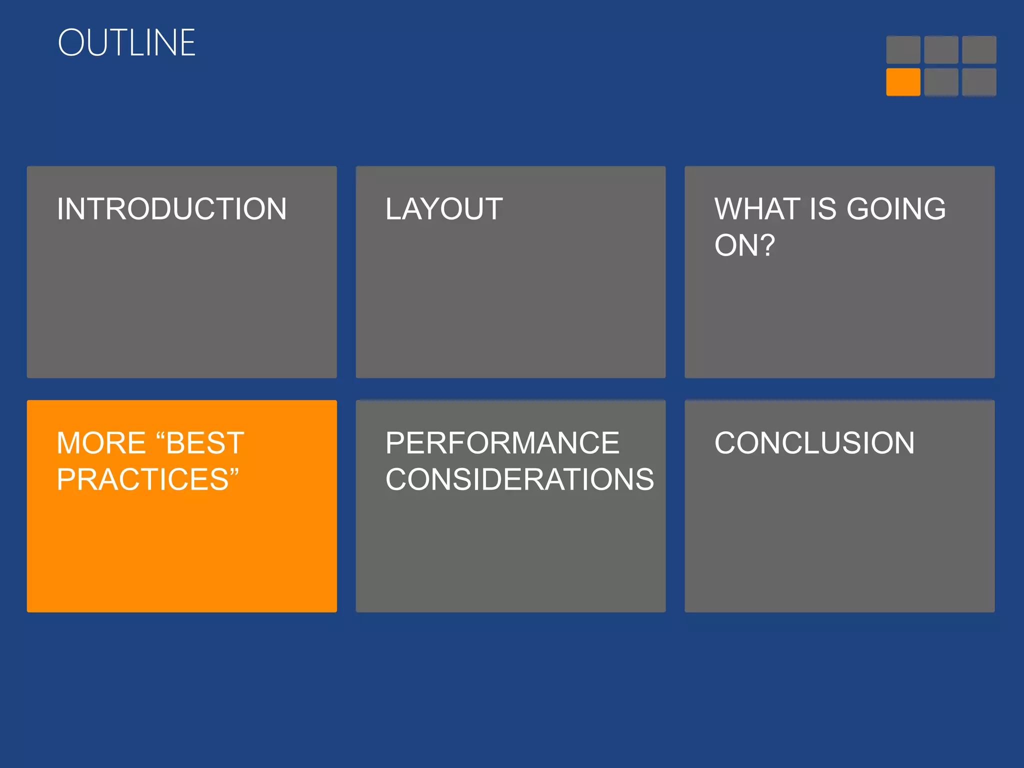 OUTLINE 
INTRODUCTION LAYOUT WHAT IS GOING 
ON? 
MORE “BEST 
PRACTICES” 
PERFORMANCE 
CONSIDERATIONS 
CONCLUSION 
 