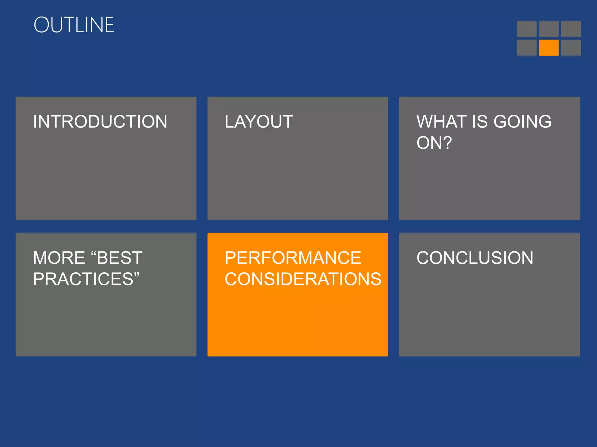OUTLINE 
INTRODUCTION LAYOUT WHAT IS GOING 
ON? 
MORE “BEST 
PRACTICES” 
PERFORMANCE 
CONSIDERATIONS 
CONCLUSION 
 