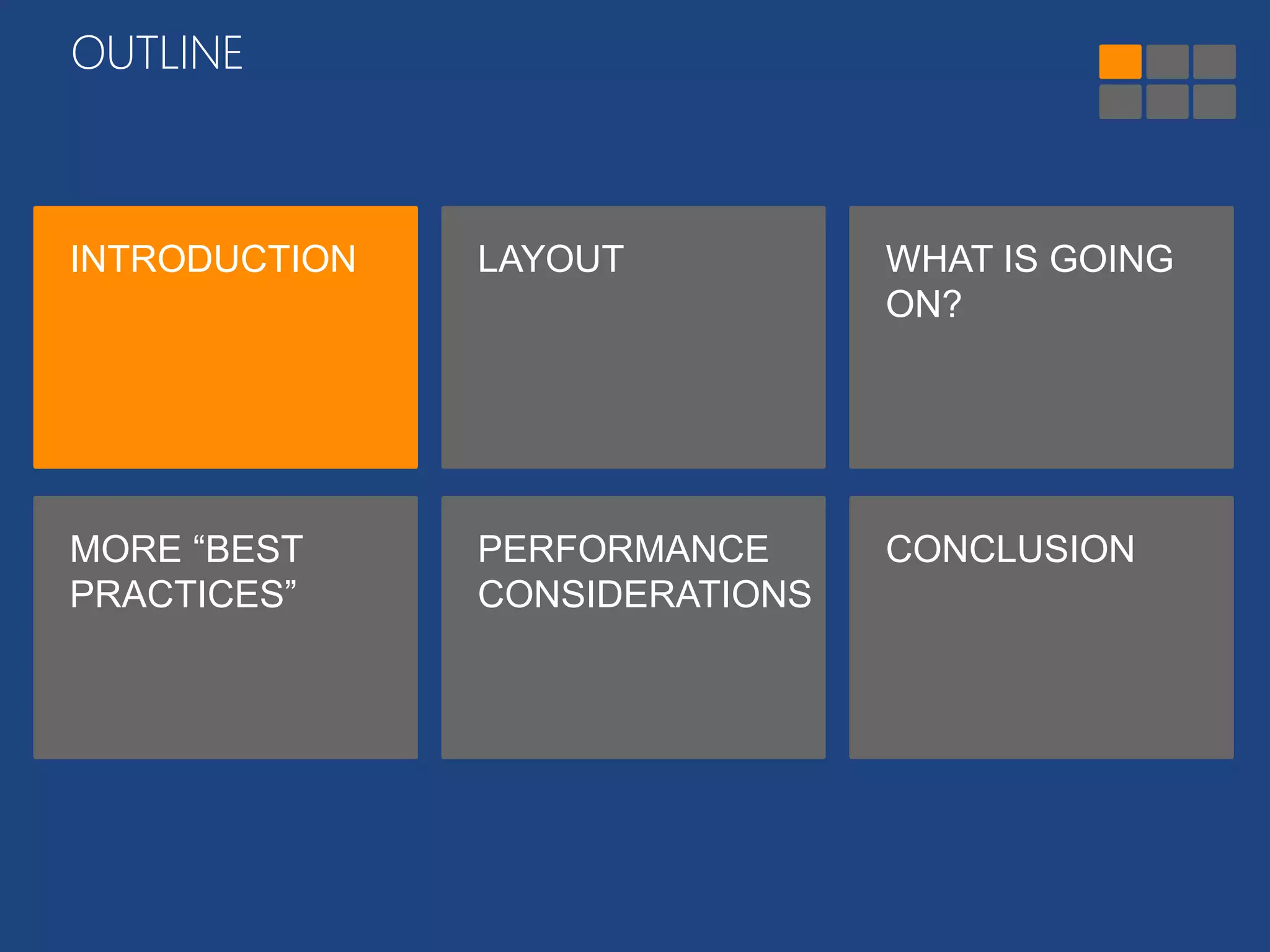 OUTLINE 
INTRODUCTION LAYOUT WHAT IS GOING 
ON? 
MORE “BEST 
PRACTICES” 
PERFORMANCE 
CONSIDERATIONS 
CONCLUSION 
 