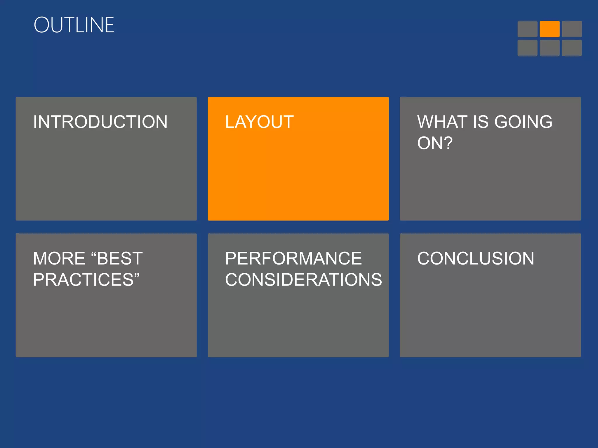 OUTLINE 
INTRODUCTION LAYOUT WHAT IS GOING 
ON? 
MORE “BEST 
PRACTICES” 
PERFORMANCE 
CONSIDERATIONS 
CONCLUSION 
 