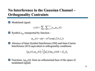 29
No Interference in the Gaussian Channel –
Orthogonality Contraints
 Modulated signal:
 Symbol amn transported by function :
 Absence of Inter-Symbol Interference (ISI) and Inter-Carrier
Interference (ICI) equivalent to orthogonality conditions:
 Functions {mn(t)} form un orthonormal base of the space of
modulated signals
1
0
( ) ( )
N
e mn mnn m
e t a t


  
( ) ( )exp( 2 )mn mt t nT j f t   
*
( ), ( ) ( ) ( )kl mn kl mn km lnt t t t dt     

 
 