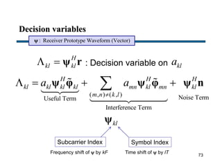 Decision variables
: Receiver Prototype Waveform (Vector)ψ
klψ
Subcarrier Index Symbol Index
Frequency shift of  by kF Time shift of  by lT
H
kl kl  ψ r : Decision variable on kla
( , ) ( , ) Noise TermUseful Term
Interference Term
H H H
kl kl kl kl mn kl mn kl
m n k l
a a

   ψ φ ψ φ ψ n
73
 