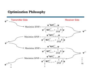 Optimization Philosophy
Transmitter Side Receiver Side(0)
φ
(0)
(0)
( , )
( , )
Maximize
1
H
S p
H
S p
SINR
SNR



 
 
 
φ
φ
ψ KS ψ
ψ KI I ψ (0)
ψ
(0)
(0)
( , )
( , )
Maximize
1
H
S p
H
S p
SINR
SNR


 
 

 
 
 
ψ
ψ
φ KS φ
φ KI I φ
(1)
φ
(1)
(1)
( , )
( , )
Maximize
1
H
S p
H
S p
SINR
SNR



 
 
 
φ
φ
ψ KS ψ
ψ KI I ψ (1)
ψ
(1)
(1)
( , )
( , )
Maximize
1
H
S p
H
S p
SINR
SNR


 
 

 
 
 
ψ
ψ
φ KS φ
φ KI I φ
(2)
φ 75
 