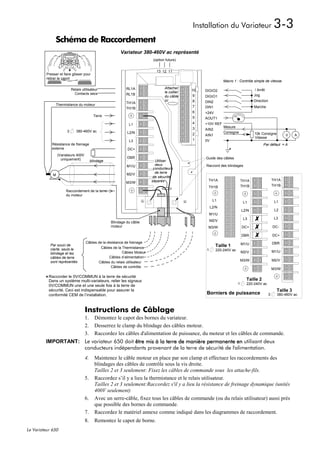 Installation du Variateur                              3-3
                Schéma de Raccordement
                                                          Variateur 380-460V ac représenté
                                                                             (option future)


                                                                               13 12 11
          Presser et faire glisser pour
          retirer le capot
                                                                                                                  Macro 1 : Contrôle simple de vitesse

                           Relais utilisateur                 RL1A                  Attacher
                                                                                                 10   DIGIO2                           / Arrêt
                             Contacts secs                                          le collier
                                                              RL1B                               9                                     Jog
                                                                                    du câble          DIGIO1
                                                                                    ici          8    DIN2                             Direction
                                                              TH1A
                Thermistance du moteur                                                           7
                                                              TH1B                                    DIN1                             Marche
                                                                                                 6    +24V
                                            Terre                                                5    AOUT1
                                                               L1                                4    +10V REF
                                                                                                 3                Mesure
                              380-460V ac                                                             AIN2
                       3                                      L2/N                                                Consigne
                                                                                                 2    AIN1                             10k Consigne           V     A
                                                                                                                                       Vitesse
                                                               L3                                1    0V
             Résistance de freinage                                                                                                          Par défaut = A
             externe                                          DC+                                                    *
                  (Variateurs 400V
                    uniquement)                               DBR                                     Guide des câbles
                                          blindage                            Utiliser
                                                              M1/U            deux                    Raccord des blindages
                                                                             conducteurs
                                                              M2/V            de terre
              M
                                                                             de sécurité
                                                                            séparés                    TH1A                     TH1A                   TH1A
                                                             M3/W
                                                                                                       TH1B                     TH1B                   TH1B
                       Raccordement de la terre
                       du moteur
                                                                                                            L1                                          L1
                                                                                                                                 L1
                                                                                                           L2/N
                                                                                                                                L2/N                    L2
                                                                                                          M1/U
                                                                                                                                 L3                     L3
                                                     Blindage du câble                                    M2/V
                                                     moteur                                            M3/W                     DC+                    DC-

                                                                                                                                DBR                    DC+
                                     Câbles de la résistance de freinage                                                        M1/U                   DBR
            Par souci de
                                              Câbles de la Thermistance
                                                                                                             Taille 1
            clarté, seuls le                                                                          1       220-240V ac
                                                           Câbles Moteur                                                        M2/V                   M1/U
            blindage et les
            câbles de terre                         Câbles d’alimentation
            sont représentés                                                                                                    M3/W                   M2/V
                                            Câbles du relais utilisateur
                                                     Câbles de contrôle
                                                                                                                                                       M3/W

         * Raccorder le 0V/COMMUN à la terre de sécurité                                                                          Taille 2
           Dans un système multi-variateurs, relier les signaux
                                                                                                                            1     220-240V ac
           0V/COMMUN une et une seule fois à la terre de
           sécurité. Ceci est indispensable pour assurer la                                                                                              Taille 3
           conformité CEM de l’installation.                                                          Borniers de puissance                        3     380-460V ac



                                     Instructions de Câblage
                                     1.     Démontez le capot des bornes du variateur.
                                     2.     Desserrez le clamp du blindage des câbles moteur.
                                     3.     Raccordez les câbles d'alimentation de puissance, du moteur et les câbles de commande.
         IMPORTANT: Le variateur 650 doit être mis à la terre de manière permanente en utilisant deux
                    conducteurs indépendants provenant de la terre de sécurité de l'alimentation.
                                     4.     Maintenez le câble moteur en place par son clamp et effectuez les raccordements des
                                            blindages des câbles de contrôle sous la vis droite.
                                            Tailles 2 et 3 seulement: Fixez les câbles de commande sous les attache-fils.
                                     5.     Raccordez s’il y a lieu la thermistance et le relais utilisateur.
                                            Tailles 2 et 3 seulement:Raccordez s'il y a lieu la résistance de freinage dynamique (unités
                                            400V seulement)
                                     6.     Avec un serre-câble, fixez tous les câbles de commande (ou du relais utilisateur) aussi près
                                            que possible des bornes de commande.
                                     7.     Raccordez le matériel annexe comme indiqué dans les diagrammes de raccordement.
                                     8.     Remontez le capot de borne.
Le Variateur 650
 