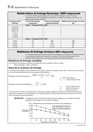 9-6 Spécifications Techniques
              Module Interne de Freinage Dynamique (400V uniquement)
                            Le module de freinage dynamique est conçu pour des freinages courts. Il n’est pas
                            dimensionné pour un fonctionnement permanent. Le module de freinage s’active pour une
                            tension de bus continu de 750V.
 Puissance moteur            Courant de freinage          Puissance de freinage     Résistance de freinage minimale
      (kW/Hp)                    maximal (A)               maximale (kW/Hp)                          (Ω )
                            Taille 2 : Triphasé (IT/TN), 400V
     0.37/0.5
     0.55/0.75
     0.75/1.0
      1.1/1.5
      1.5/2.0
      2.2/3.0
                            Taille 3 : Triphasé (IT/TN), 400V
       3.0/4                           10                                             6/8                                                 100
       4.0/5                           10                                             6/8                                                 100
      5.5/7.5                          15                                            11/15                                                 56
      7.5/10                           15                                            11/15                                                 56


              Résistances de freinage (Variateurs 400V uniquement)
                            Les variateurs 650 sont livrés sans résistance de freinage. Les résistances de freinage externes
                            se raccordent facilement aux borniers des variateurs. Elles doivent être montées sur un
                            radiateur (fond d’armoire) et couvertes pour prévenir tout risque de brûlures.
Résistances de freinage conseillées
Les résistances de freinage ci-dessous sont disponibles chez Eurotherm Vitesse variable:
         56Ω -CZ463068, 100Ω - CZ389853
Calcul de la résistance de freinage
La résistance de freinage doit être dimensionnée de façon à supporter l’énergie (valeur crête et valeur moyenne calculée
sur le cycle de fonctionnement) renvoyée pendant la décéleration..
                                              0.0055 × J × ( n12 − n 2 2 )
Puissance crête de freinage Ppk =                                          ( W)
                                                          tb                                                J - inertie totale (kg.m²)
                                                                                                            n1       - vitesse initiale (tr/min)
                                                     Ppk
Puissance moyenne de freinage Pav =                            X tb (W)
                                                      tc
                                                                                      n2      - vitesse finale (tr/min)
                                                                                      tb      - durée de freinage (s)
                                                                                      tc      - durée du cycle (s)
 Il est nécessaire d’obtenir du constructeur de la résistance utilisée la puissance nominale de la résistance ainsi que sa
 capacité de surcharge. Si ces informations ne sont pas disponibles, le dimensionnement des résistances devra se faire
 avec une marge de sécurité appropriée.

         IMPORTANT: L’impédance de la combinaison de résistances câblées sur le variateurs doit être
                    supérieure à la résistance minimale du variateur.
                                  120          D é c la s s e m e n t d e la ré s is ta n c e e n fo n c tio n d e la te m p é ra tu re

                                  100
                                                                                                    M o n ta g e su r c h a s s is
                                    80                                                              C o n v e c tio n n a tu re lle
                     % P u is s an c e
                      n o m in a le 6 0
                                    40

                                    20

                                     0
                                          0         25         50        75        100        125       150        175        200
                                                                T e m p é ra tu re a m b ia n te (C )

                                                                                                                                                Le Variateur 650
 