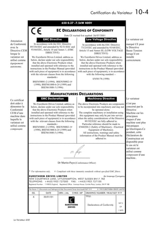 Certification du Variateur                         10-4
                                                          650 0.37 -7.5KW 400V

                                                    EC DECLARATIONS OF CONFORMITY
                                                              Date CE marked first applied: 26/07/2001
                                   EMC Directive                                          Low Voltage Directive                           Le variateur est
Attestation
de Conformité           In accordance with the EEC Directive                        In accordance with the EEC Directive                  marqué CE pour
avec la              89/336/EEC and amended by 92/31/EEC and                      73/23/EEC and amended by 93/68/EEC,                     la Directive
Directive CEM         93/68/EEC, Article 10 and Annex 1, (EMC                    Article 13 and Annex III, (LOW VOLTAGE                   Basse Tension
                                   DIRECTIVE)                                                   DIRECTIVE)
lorque le                                                                                                                                 lorsqu’il est
variateur est       We Eurotherm Drives Limited, address as        We Eurotherm Drives Limited, address as                                installé
utilisé comme      below, declare under our sole responsibility   below, declare under our sole responsibility                            correctement.
équipement           that the above Electronic Products when        that the above Electronic Products when
autonome.          installed and operated with reference to the   installed and operated with reference to the
                  instructions in the Product Manual (provided   instructions in the Product Manual (provided
                 with each piece of equipment) is in accordance with each piece of equipment), is in accordance
                   with the relevant clauses from the following           with the following standard :-
                                    standards:-
                                                                                EN50178 (1998)
                     BSEN50081-2 (1994), BSEN50082-1#
                      (1998), BSEN61000-6-2# (1999) and
                               BSEN61800-3 (1996).

                                            MANUFACTURERS DECLARATIONS
                                EMC Declaration                                             Machinery Directive                           Le variateur
Ce certificat
doit aider à          We Eurotherm Drives Limited, address as The above Electronic Products are components                                n’est pas
démontrer la       below, declare under our sole responsibility to be incorporated into machinery and may not                             concerné par la
Conformité           that the above Electronic Products when                    be operated alone.                                        Directive
CEM d’une          installed and operated with reference to the  The complete machinery or installation using                             Machine car les
machine dans      instructions in the Product Manual (provided    this equipment may only be put into service                             principaux
laquelle le      with each piece of equipment) is in accordance when the safety considerations of the Directive                           risques d’une
                  with the relevant clauses from the following          89/392/EEC are fully adhered to.
variateur est                                                                                                                             machine sont plus
                                    standards:-                      Particular reference should be made to
utilisé comme        BSEN50081-2 (1994), BSEN50082-1#            EN60204-1 (Safety of Machinery - Electrical                              mécaniques
composant.            (1998), BSEN61000-6-2# (1999) and                     Equipment of Machines).                                       qu’électriques.Ce
                               BSEN61800-3 (1996).                    All instructions, warnings and safety                               pendant, cette
                                                                  information of the Product Manual must be                               Déclaration du
                                                                                    adhered to.                                           Constructeur est
                                                                                                                                          disponible pour
                                                                                                                                          le cas où le
                                                                                                                                          variateur est
                                                                                                                                          utilisé comme
                                                                                                                                          composant d’une
                                                                                                                                          machine..
                                                     Dr Martin Payn (Conformance Officer)


                 * For information only.         # Compliant with these immunity standards without specified EMC filters.

                 EUROTHERM DRIVES LIMITED                              An Invensys Company
                 NEW COURTWICK LANE, LITTLEHAMPTON, WEST SUSSEX BN17 7RZ
                 TELEPHONE: +44(0)1903 737000  FAX: +44(0)1903 737100
                 Registered Number: 1159876 England. Registered Office: Invensys House, Carlisle Place, London, SW1P 1BX


                 File Name: C:Documents and SettingsjrichMy DocumentsTemp docshp467607.919         © 1999 EUROTHERM DRIVES LIMITED

                      ISS:            DATE             DRN: J.Mc        CHKD: MP         DRAWING NUMBER: HK467607.919
                       A           20/01/01                                              TITLE:


                                                                                                                                SHT 4
                                                               EUROTHERM                    Declarations of Conformity
                                                                 DRIVES                                                          OF

                                                                                                                               1 SHTS




  Le Variateur 650
 