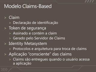 ModeloClaims-BasedClaimDeclaração de identificaçãoToken de segurançaAssinado e contém a claimGeradopeloServidor de ClaimsIdentity MetasystemProtocolos e arquiteturaparatroca de claimsAplicação “consciente” das claimsClaims sãoentreguesquando o usuárioacessaa aplicação