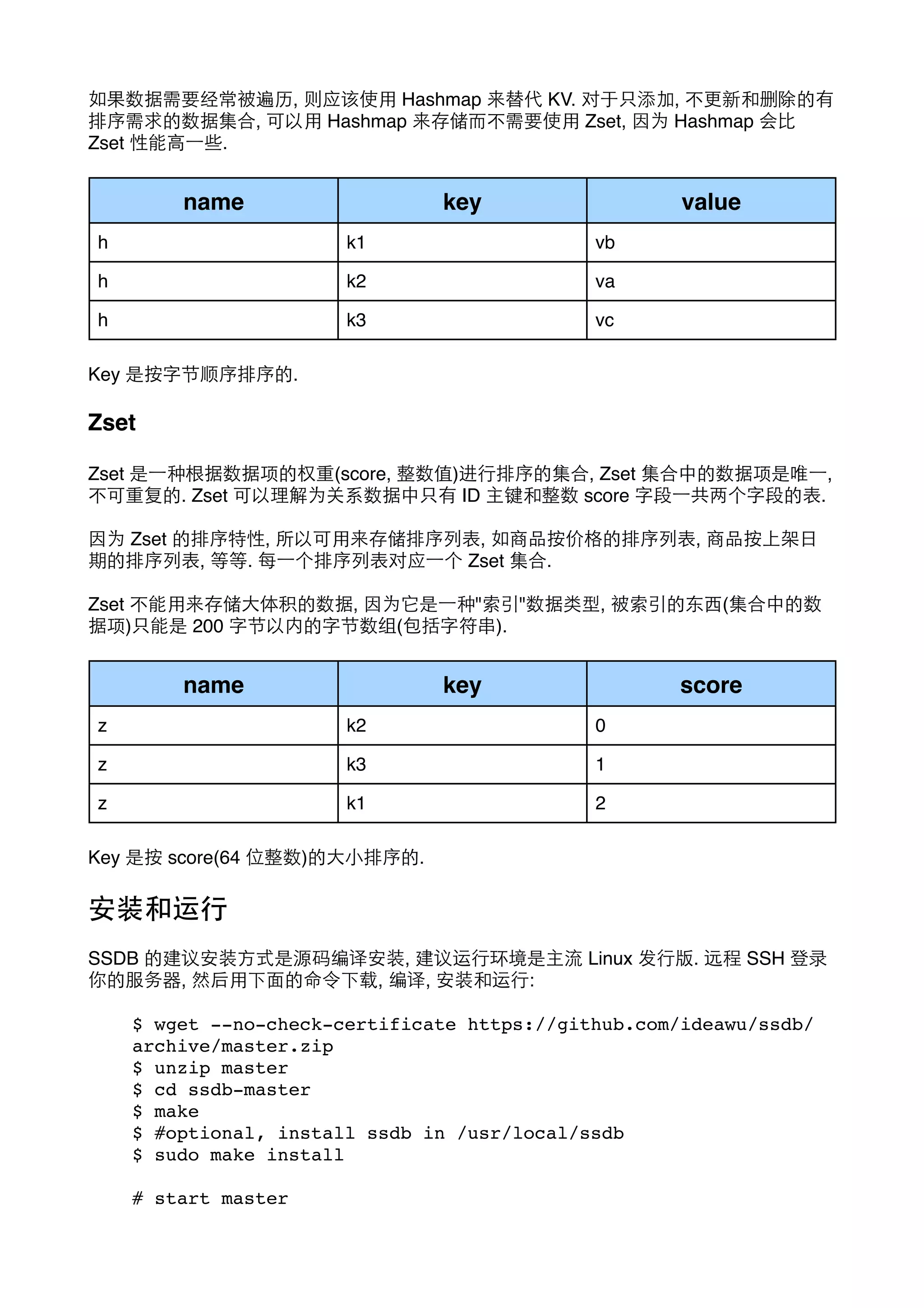如果数据需要经常被遍历, 则应该使⽤用 Hashmap 来替代 KV. 对于只添加, 不更新和删除的有
排序需求的数据集合, 可以⽤用 Hashmap 来存储⽽而不需要使⽤用 Zset, 因为 Hashmap 会⽐比
Zset 性能⾼高⼀一些.

name

key

value

h

k1

vb

h

k2

va

h

k3

vc

Key 是按字节顺序排序的.

Zset
Zset 是⼀一种根据数据项的权重(score, 整数值)进⾏行排序的集合, Zset 集合中的数据项是唯⼀一,
不可重复的. Zset 可以理解为关系数据中只有 ID 主键和整数 score 字段⼀一共两个字段的表.
因为 Zset 的排序特性, 所以可⽤用来存储排序列表, 如商品按价格的排序列表, 商品按上架⽇日
期的排序列表, 等等. 每⼀一个排序列表对应⼀一个 Zset 集合.
Zset 不能⽤用来存储⼤大体积的数据, 因为它是⼀一种"索引"数据类型, 被索引的东⻄西(集合中的数
据项)只能是 200 字节以内的字节数组(包括字符串).

name

key

score

z

k2

0

z

k3

1

z

k1

2

Key 是按 score(64 位整数)的⼤大⼩小排序的.

安装和运⾏行
SSDB 的建议安装⽅方式是源码编译安装, 建议运⾏行环境是主流 Linux 发⾏行版. 远程 SSH 登录
你的服务器, 然后⽤用下⾯面的命令下载, 编译, 安装和运⾏行:
$ wget --no-check-certificate https://github.com/ideawu/ssdb/
archive/master.zip
$ unzip master
$ cd ssdb-master
$ make
$ #optional, install ssdb in /usr/local/ssdb
$ sudo make install
# start master

 