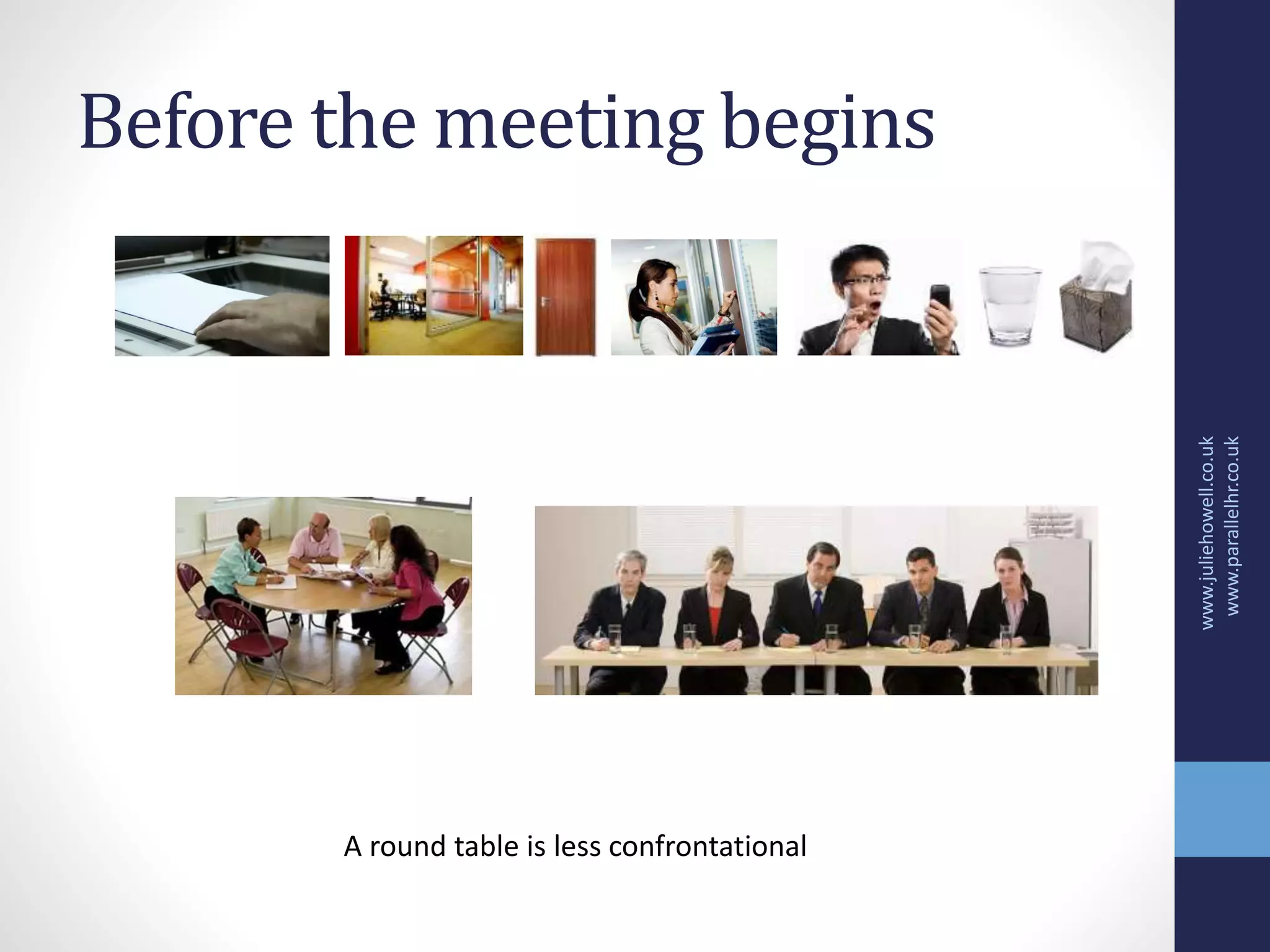 Before the meeting begins
www.juliehowell.co.uk
www.parallelhr.co.uk
A round table is less confrontational
 