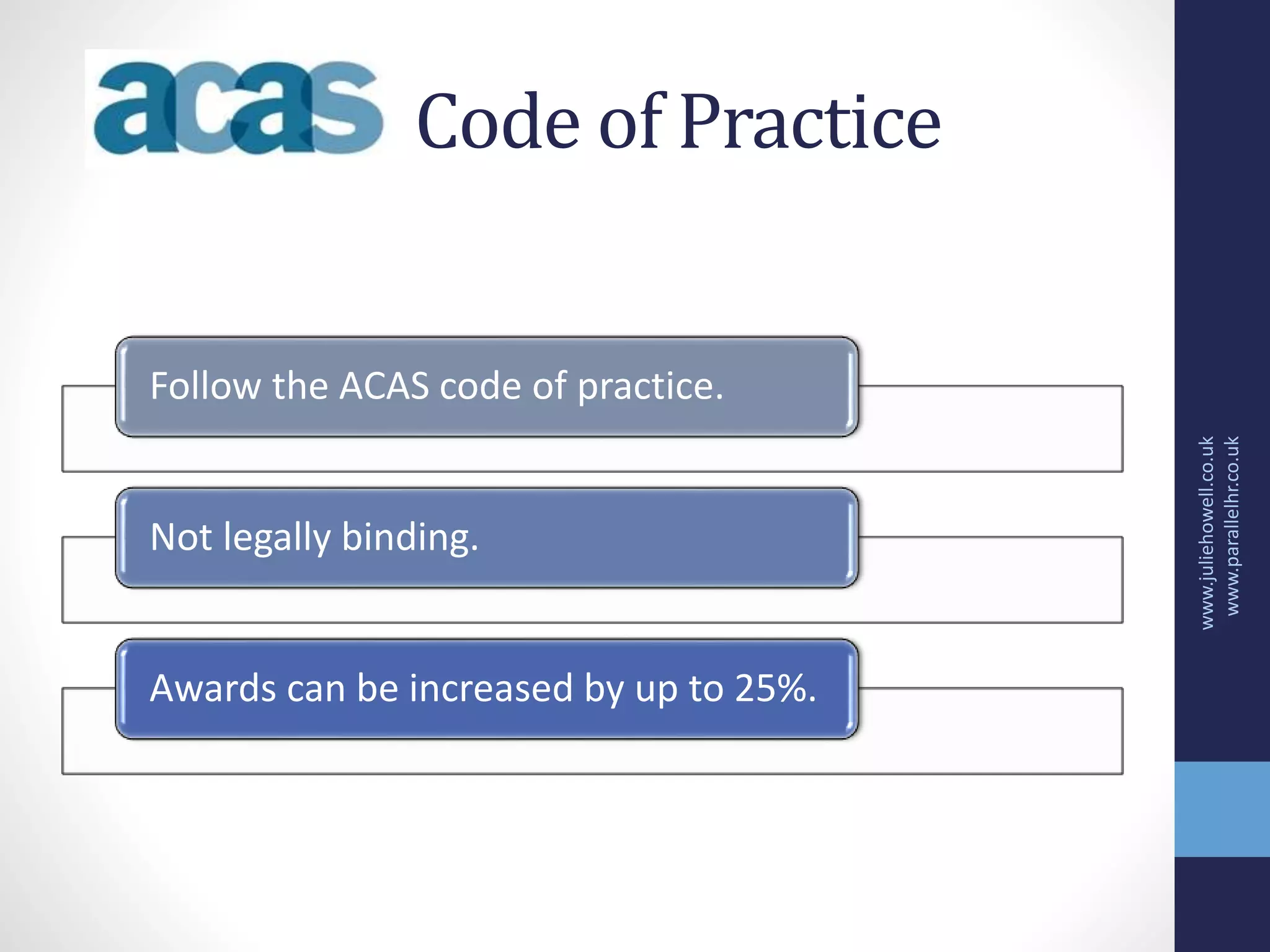 Code of Practice
Follow the ACAS code of practice.
Not legally binding.
Awards can be increased by up to 25%.
www.juliehowell.co.uk
www.parallelhr.co.uk
 