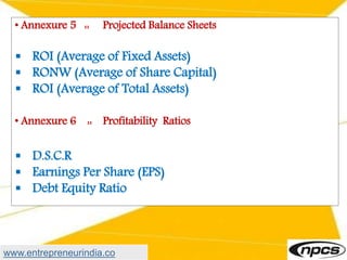 • Annexure 5 :: Projected Balance Sheets
 ROI (Average of Fixed Assets)
 RONW (Average of Share Capital)
 ROI (Average of Total Assets)
• Annexure 6 :: Profitability Ratios
 D.S.C.R
 Earnings Per Share (EPS)
 Debt Equity Ratio
www.entrepreneurindia.co
 