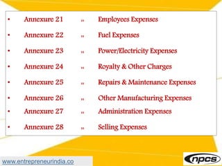 • Annexure 21 :: Employees Expenses
• Annexure 22 :: Fuel Expenses
• Annexure 23 :: Power/Electricity Expenses
• Annexure 24 :: Royalty & Other Charges
• Annexure 25 :: Repairs & Maintenance Expenses
• Annexure 26 :: Other Manufacturing Expenses
• Annexure 27 :: Administration Expenses
• Annexure 28 :: Selling Expenses
www.entrepreneurindia.co
 