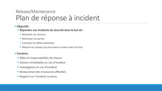 Release/Maintenance
Plan de réponse à incident
 Objectifs
 Répondre aux incidents de sécurité dans le but de :
 Restaurer les services
 Minimiser les pertes
 Colmater les failles exploitées
 Réduire les risques qui pourraient survenir dans le futur
 Contenu
 Rôles et responsabilités de chacun
 Actions immédiates en cas d’incident
 Investigation en cas d’incident
 Restauration des ressources affectées
 Rapport sur l’incident survenu
 
