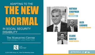 NATHAN
CHAPMAN
PRESIDENT
@NCHAPMANLA
ALEX
LUDWIG
SR. ACCOUNT EXECUTIVE
CLARK
CASTLE
ACCOUNT EXECUTIVE
© 2016 HSR Group, Inc., d/b/a The Marketing Center
ADAPTING TO THE
THE NEW
NORMAL
@TMCNOLA |
IN SOCIAL SECURITY
DISABILITY
 