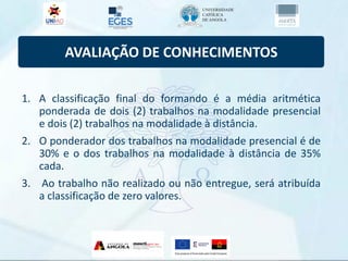 AVALIAÇÃO DE CONHECIMENTOS
1. A classificação final do formando é a média aritmética
ponderada de dois (2) trabalhos na modalidade presencial
e dois (2) trabalhos na modalidade à distância.
2. O ponderador dos trabalhos na modalidade presencial é de
30% e o dos trabalhos na modalidade à distância de 35%
cada.
3. Ao trabalho não realizado ou não entregue, será atribuída
a classificação de zero valores.
 