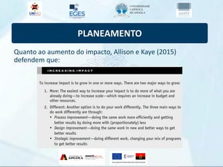 PLANEAMENTO
Quanto ao aumento do impacto, Allison e Kaye (2015)
defendem que:
 
