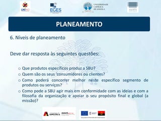 PLANEAMENTO
6. Níveis de planeamento
Deve dar resposta às seguintes questões:
o Que produtos específicos produz a SBU?
o Quem são os seus 'consumidores ou clientes?
o Como poderá concorrer melhor neste específico segmento de
produtos ou serviços?
o Como pode a SBU agir mais em conformidade com as ideias e com a
filosofia da organização e apoiar o seu propósito final e global (a
missão)?
 