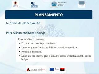 PLANEAMENTO
6. Níveis de planeamento
Para Allison and Kaye (2015):
 