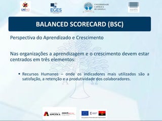 BALANCED SCORECARD (BSC)
Perspectiva do Aprendizado e Crescimento
Nas organizações a aprendizagem e o crescimento devem estar
centrados em três elementos:
 Recursos Humanos – onde os indicadores mais utilizados são a
satisfação, a retenção e a produtividade dos colaboradores.
 