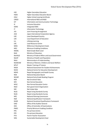 School Sector Development Plan (2016)
HSE Higher Secondary Education
HSEB Higher Secondary Education Board
HSLC Higher School Leaving Certificate
I/NGO International NGO and NGO
ICT Information and Communication Technology
IE Inclusive Education
IEMIS Integrated EMIS
IT Information Technology
JFA Joint Financing Arrangement
JICA Japan International Corporation Agency
LDC Least Developed Country
LDE Local Department of Education
LLL Lifelong Learning
LRC Lead Resource Centre
MDG Millennium Development Goals
MEC Minimum Enabling Conditions
MGML Multi Grade-Multi Level
MoE Ministry of Education
MoFALD Ministry of Federal Affairs and Local Government
MoHP Ministry of Health and Population
MoU Memorandum of Understanding
MoWCSW Ministry of Women, Children and Social Welfare
MToT Master Training of Trainers
NASA National Assessment for Student Achievements
NCED National Centre for Education Development
NDHS Nepal Demographic and Health Survey
NEB National Education Board
NEGRP National Early Grade Reading Program
NER Net Enrolment Rate
NFE Non-formal Education
NFEC Non-formal Education Centre
NGO Non-government Organisation
NIR Net Intake Rate
NLSS Nepal Living Standards Survey
NLSS Nepal Living Standards Survey
NPC National Planning Commission
NQF National Qualification Framework
NVQF National Vocational Qualifications Framework
OAG Office of the Auditor General
OCE Office of Controller of Examinations
PMEC Priority Minimum Enabling Condition
PPC Pre-primary Centre
PPE Pre-primary Education
PTA Parent Teacher Association
SDG Sustainable Development Goal
ix
 