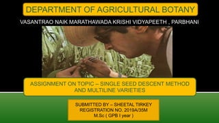 VASANTRAO NAIK MARATHAWADA KRISHI VIDYAPEETH , PARBHANI
DEPARTMENT OF AGRICULTURAL BOTANY
ASSIGNMENT ON TOPIC – SINGLE SEED DESCENT METHOD
AND MULTILINE VARIETIES
SUBMITTED BY – SHEETAL TIRKEY
REGISTRATION NO. 2019A/35M
M.Sc ( GPB I year )
 