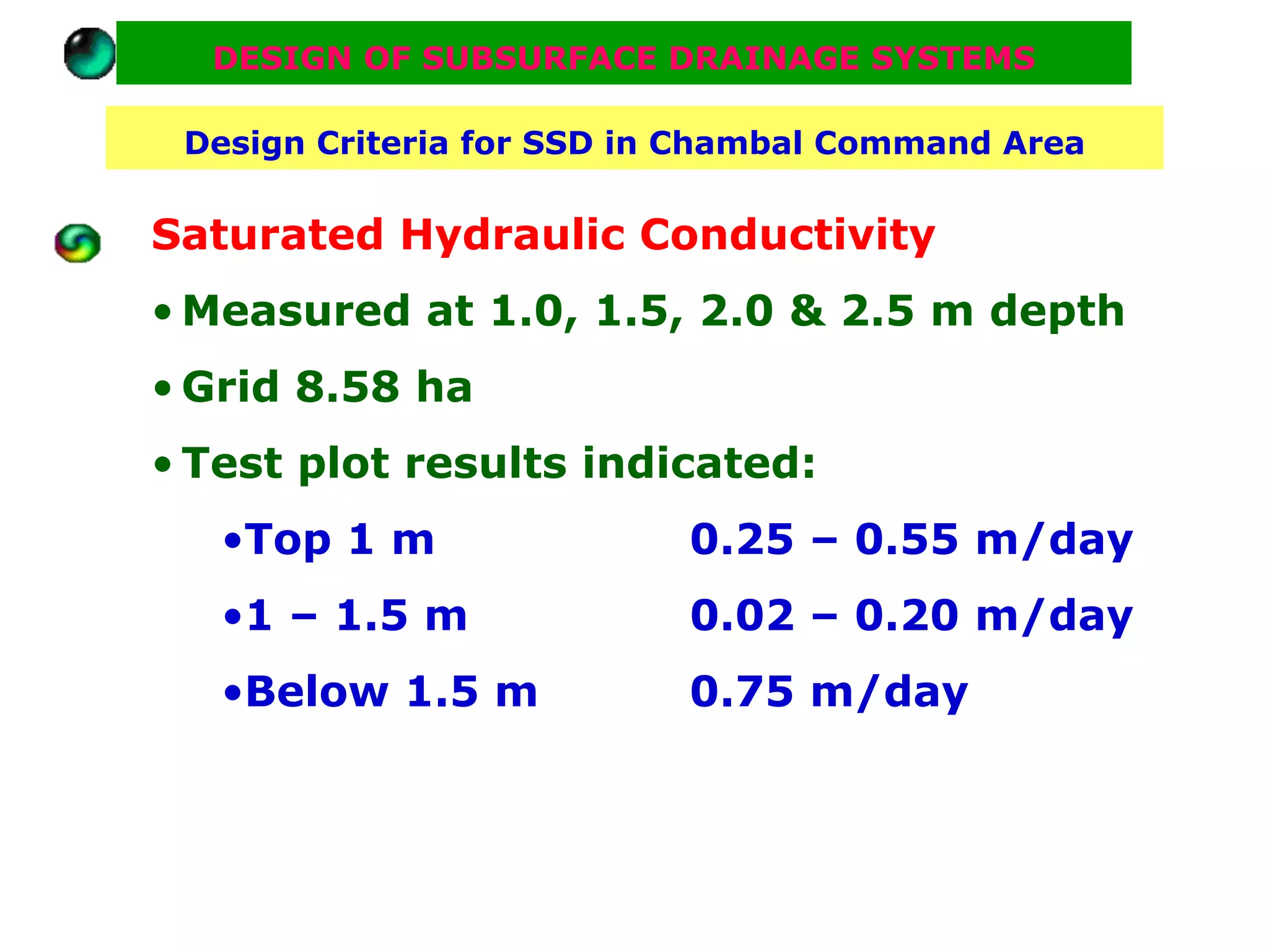 DESIGN OF SUBSURFACE DRAINAGE SYSTEMS

 Design Criteria for SSD in Chambal Command Area


Saturated Hydraulic Conductivity
• Measured at 1.0, 1.5, 2.0 & 2.5 m depth
• Grid 8.58 ha
• Test plot results indicated:
   •Top 1 m                0.25 – 0.55 m/day
   •1 – 1.5 m              0.02 – 0.20 m/day
   •Below 1.5 m            0.75 m/day
 