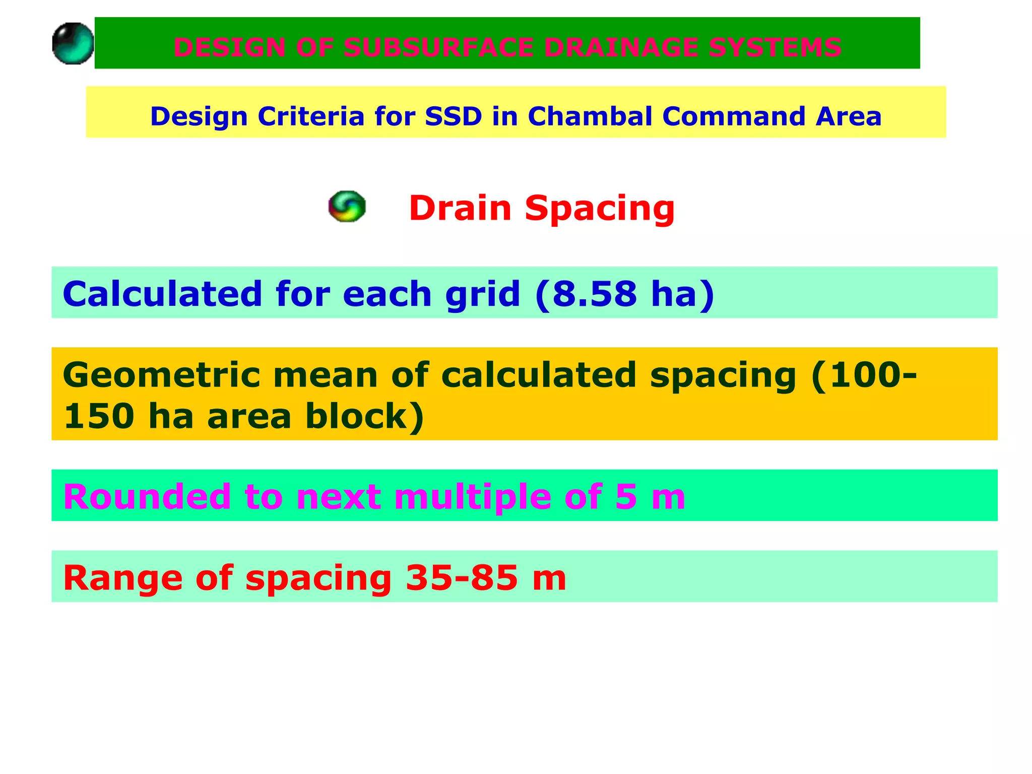 DESIGN OF SUBSURFACE DRAINAGE SYSTEMS

    Design Criteria for SSD in Chambal Command Area


                    Drain Spacing

Calculated for each grid (8.58 ha)

Geometric mean of calculated spacing (100-
150 ha area block)

Rounded to next multiple of 5 m

Range of spacing 35-85 m
 