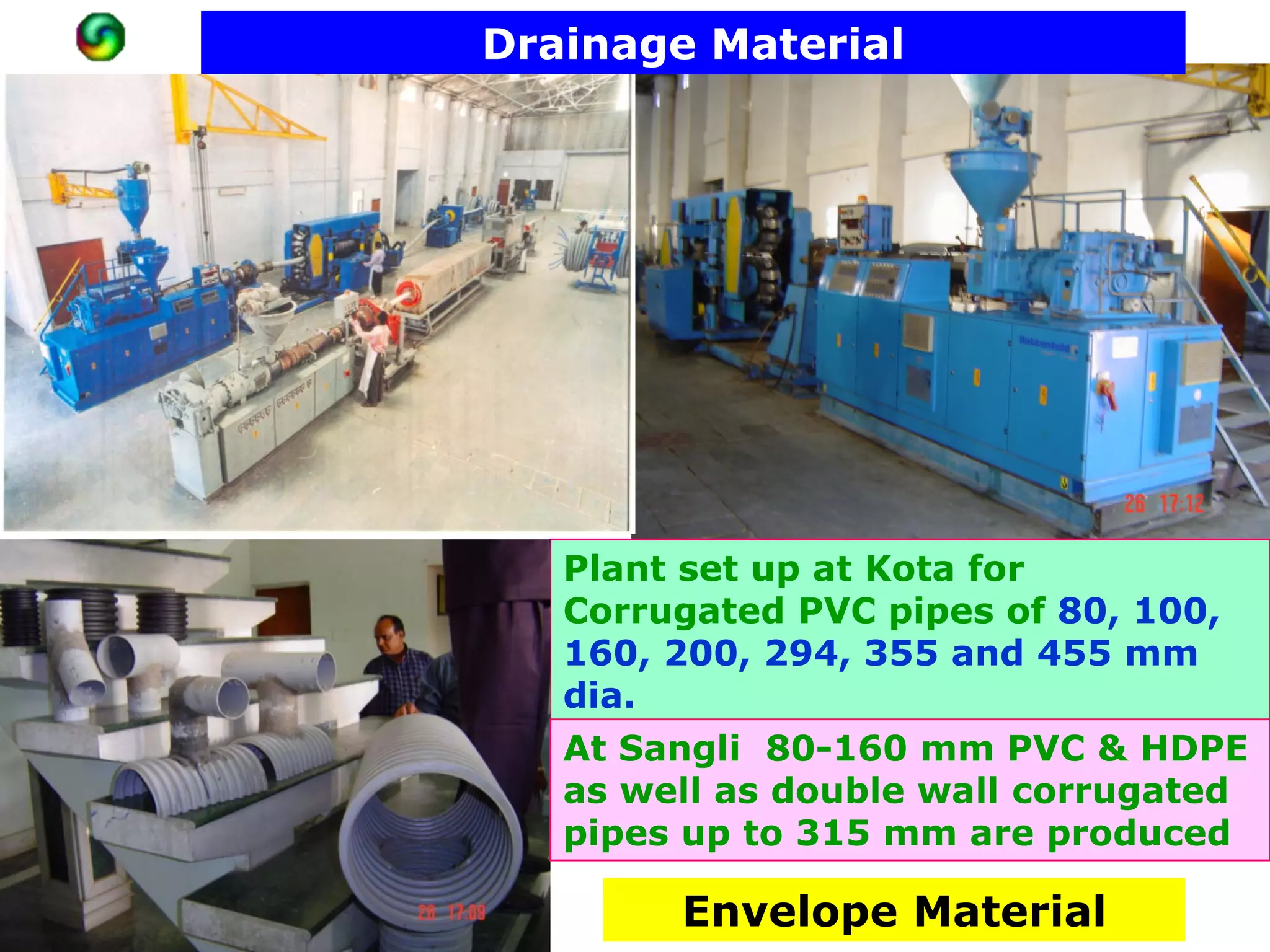 Drainage Material




   Plant set up at Kota for
   Corrugated PVC pipes of 80, 100,
   160, 200, 294, 355 and 455 mm
   dia.
   At Sangli 80-160 mm PVC & HDPE
   as well as double wall corrugated
   pipes up to 315 mm are produced

        Envelope Material
 