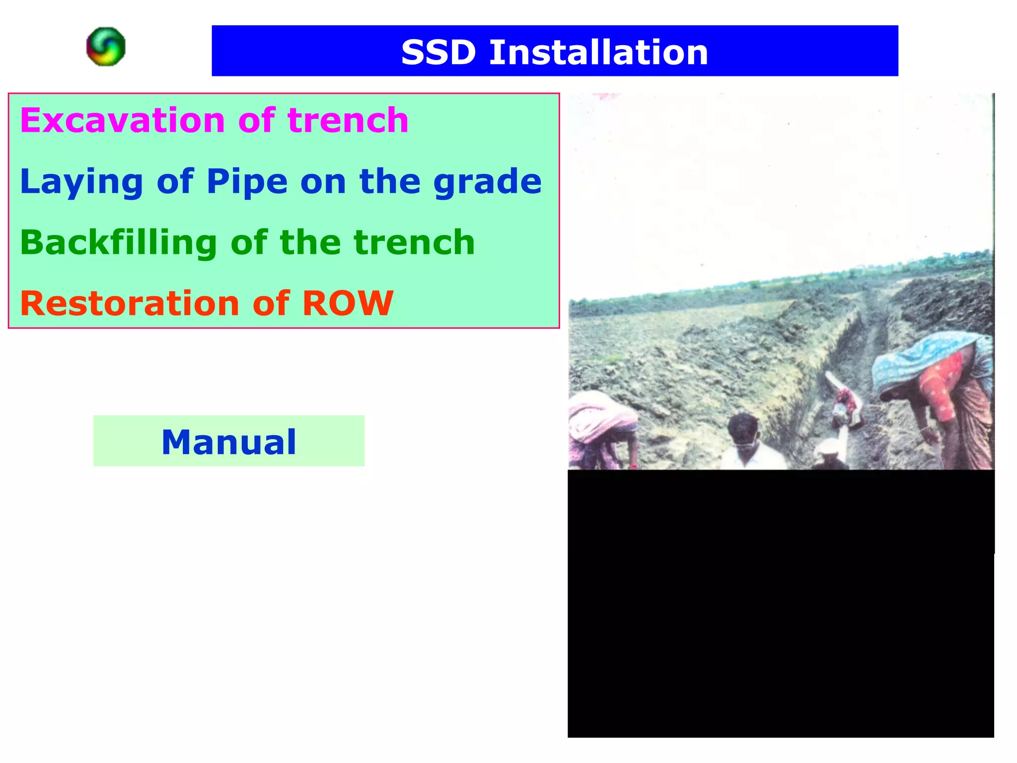 SSD Installation

Excavation of trench
Laying of Pipe on the grade
Backfilling of the trench
Restoration of ROW



       Manual
 