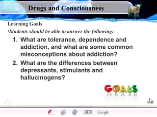Drugs and Consciousness
Learning Goals
•Students should be able to answer the following:

1. What are tolerance, dependence and
addiction, and what are some common
misconceptions about addiction?
2. What are the differences between
depressants, stimulants and
hallucinogens?

1

Conscious

Sleep

Stages

REM

Disorders

Legal

Hypnosis

Facts

Psychoactive

Stimulants

Depressants

Narcotics

Dreams
Hallucinogens

 