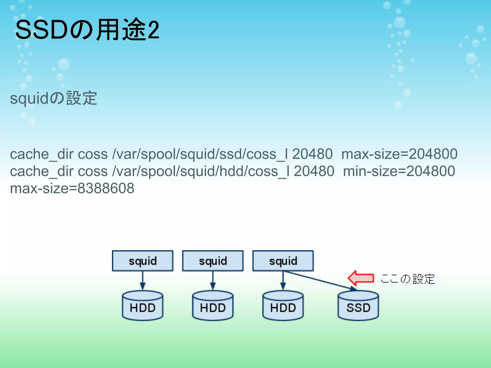 SSDの用途2

squidの設定


cache_dir coss /var/spool/squid/ssd/coss_l 20480 max-size=204800
cache_dir coss /var/spool/squid/hdd/coss_l 20480 min-size=204800
max-size=8388608
 