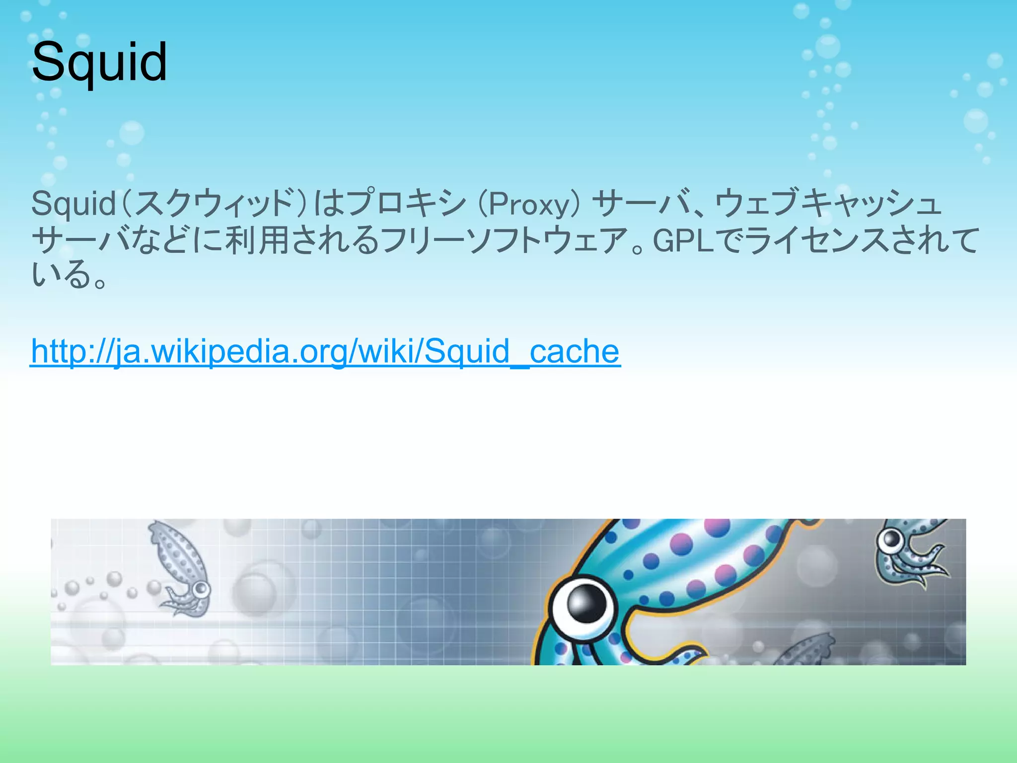Squid

Squid（スクウィッド）はプロキシ (Proxy) サーバ、ウェブキャッシュ
サーバなどに利用されるフリーソフトウェア。GPLでライセンスされて
いる。

http://ja.wikipedia.org/wiki/Squid_cache
 