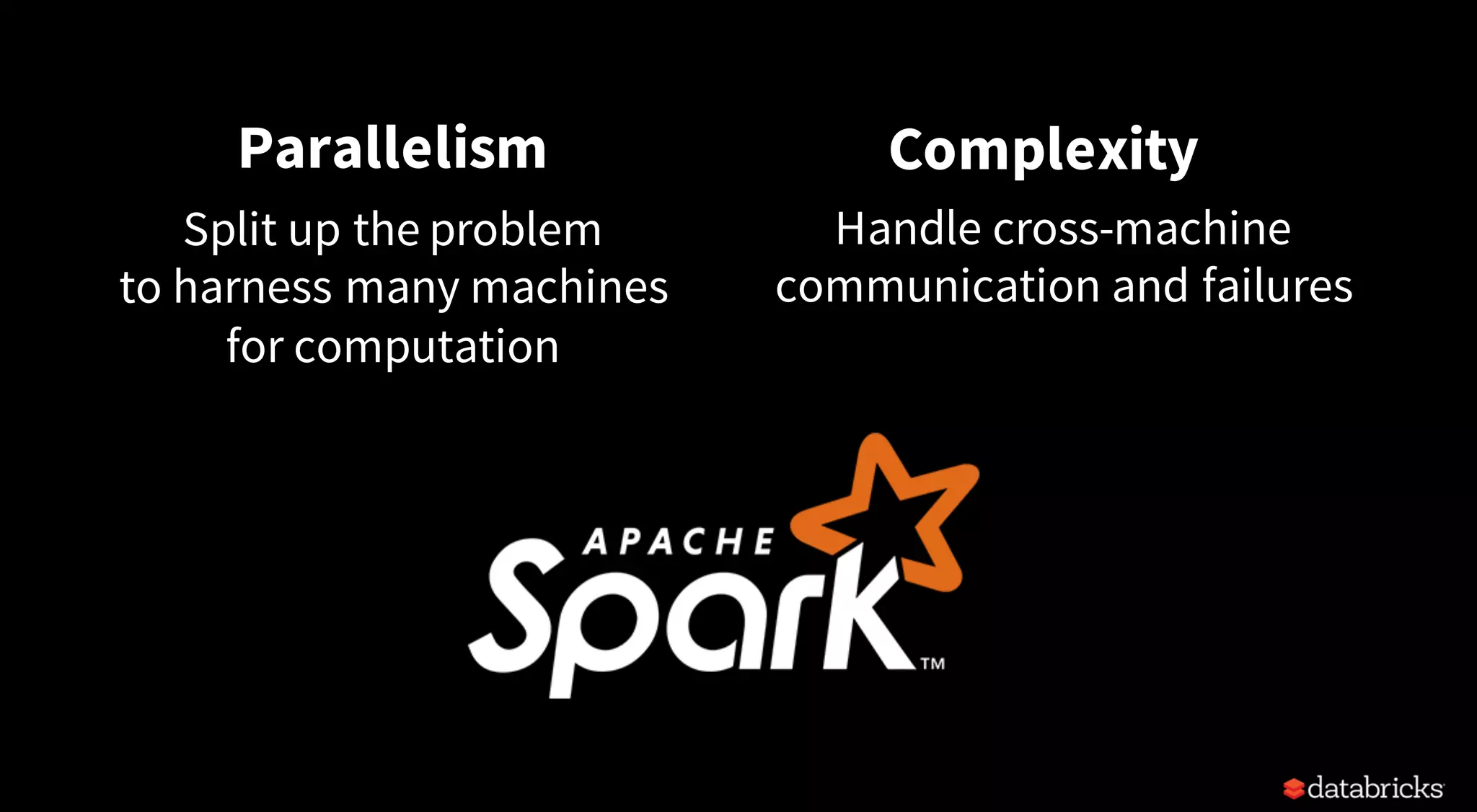 Parallelism
Split up the problem
to harness many machines
for computation
Complexity
Handle cross-machine
communication and failures