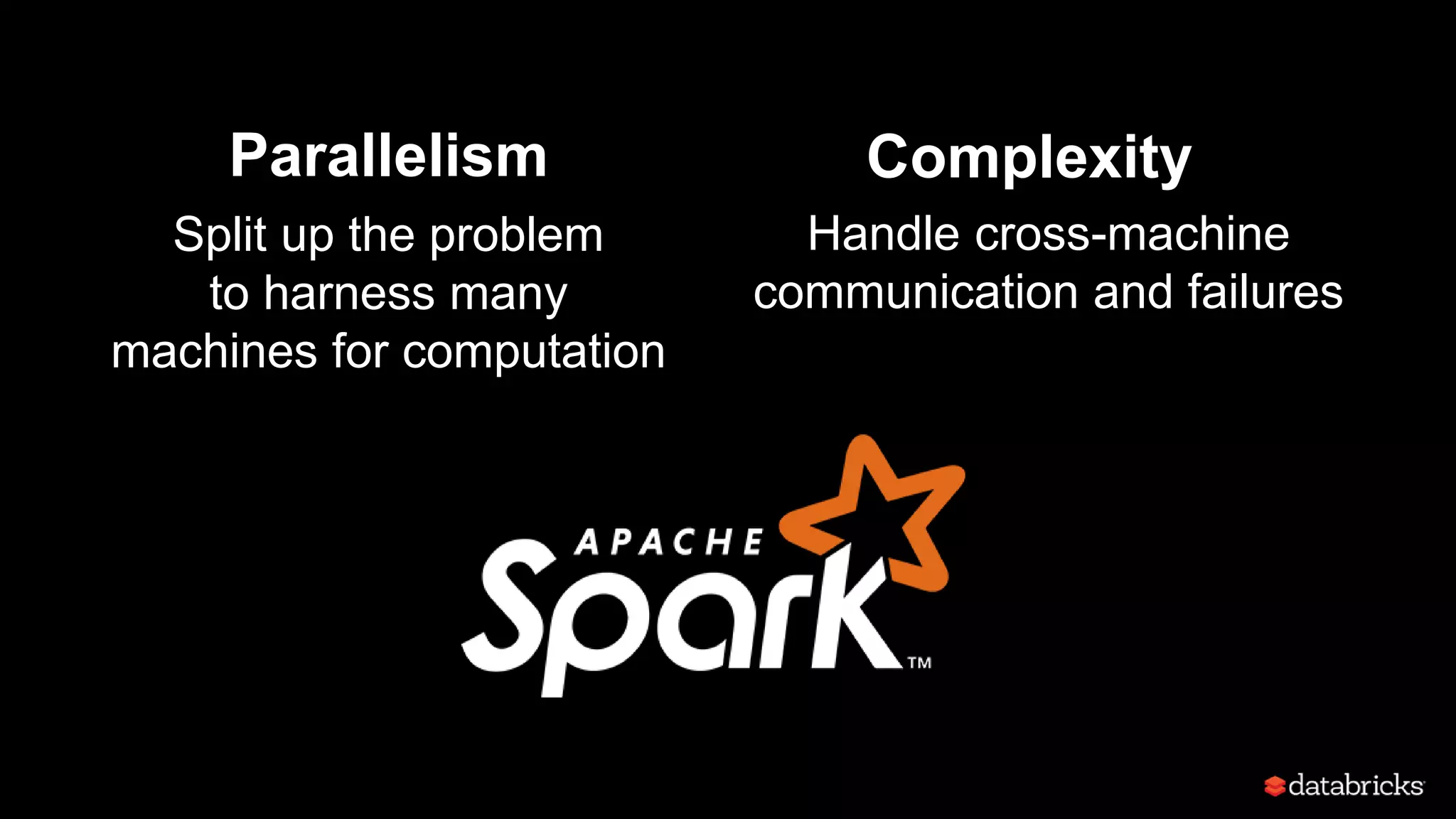 Parallelism
Split up the problem
to harness many
machines for computation
Complexity
Handle cross-machine
communication and failures