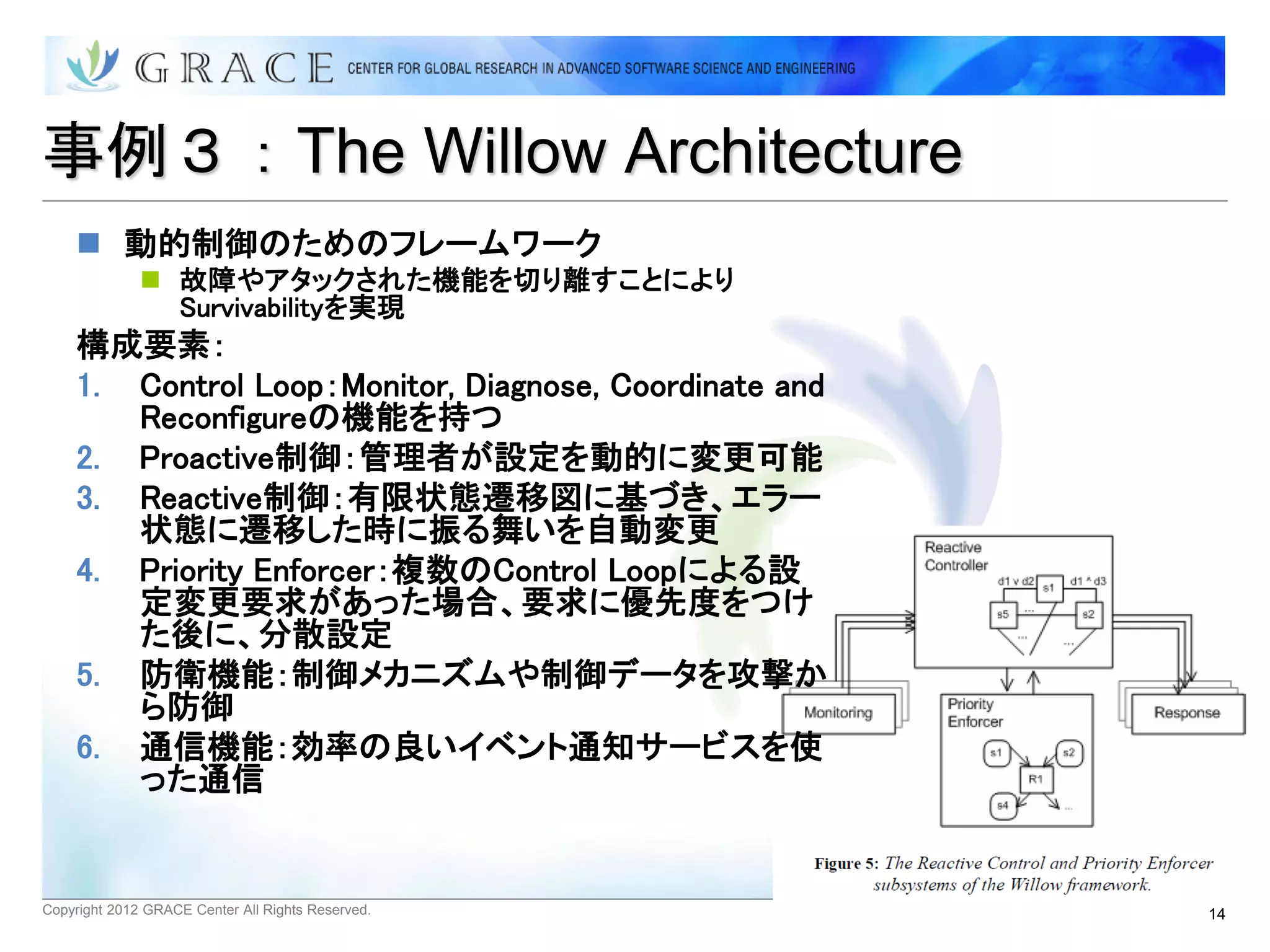 事例３：The Willow Architecture
     動的制御のためのフレームワーク
               故障やアタックされた機能を切り離すことにより
                Survivabilityを実現
    構成要素：
    1. Control Loop：Monitor, Diagnose, Coordinate and
       Reconfigureの機能を持つ
    2. Proactive制御：管理者が設定を動的に変更可能
    3. Reactive制御：有限状態遷移図に基づき、エラー
       状態に遷移した時に振る舞いを自動変更
    4. Priority Enforcer：複数のControl Loopによる設
       定変更要求があった場合、要求に優先度をつけ
       た後に、分散設定
    5. 防衛機能：制御メカニズムや制御データを攻撃か
       ら防御
    6. 通信機能：効率の良いイベント通知サービスを使
       った通信


Copyright 2012 GRACE Center All Rights Reserved.        14
 