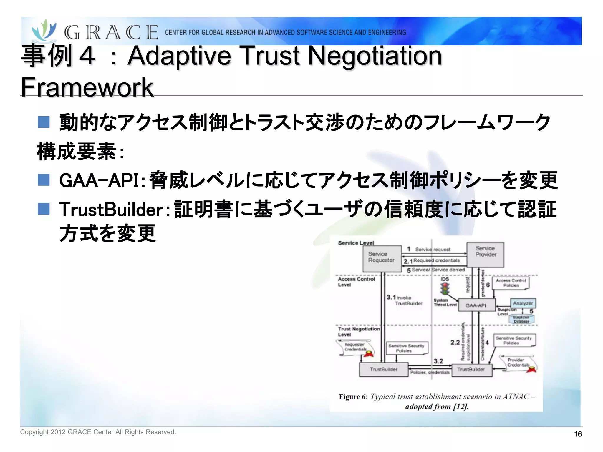 事例４：Adaptive Trust Negotiation
Framework
     動的なアクセス制御とトラスト交渉のためのフレームワーク
    構成要素：
     GAA-API：脅威レベルに応じてアクセス制御ポリシーを変更
     TrustBuilder：証明書に基づくユーザの信頼度に応じて認証
      方式を変更




Copyright 2012 GRACE Center All Rights Reserved.   16
 