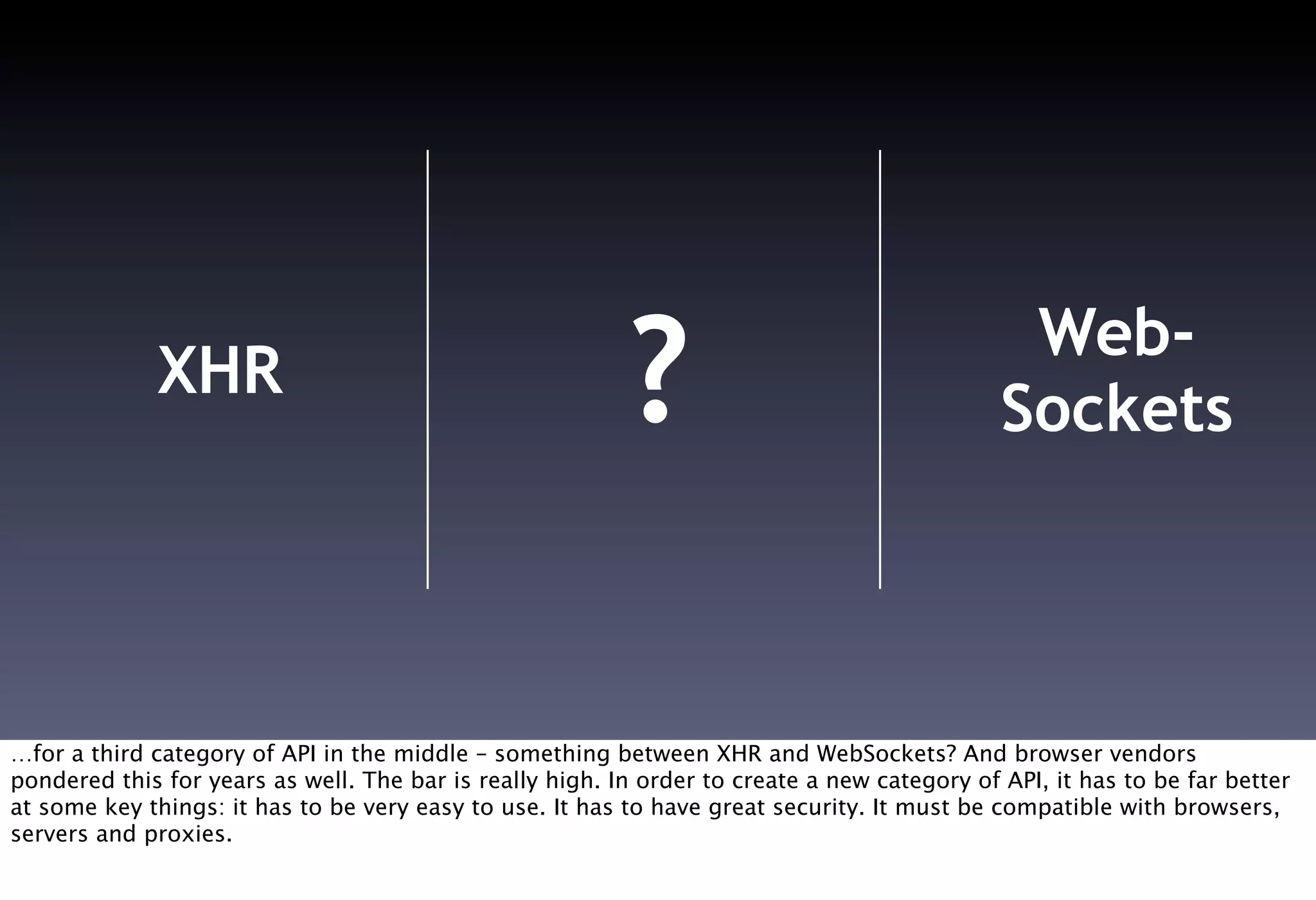 XHR                                         ?                                    Web-
                                                                                              Sockets




…for a third category of API in the middle – something between XHR and WebSockets? And browser vendors
pondered this for years as well. The bar is really high. In order to create a new category of API, it has to be far better
at some key things: it has to be very easy to use. It has to have great security. It must be compatible with browsers,
servers and proxies.
 