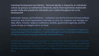 Individual Development and Identity - Personal identity is shaped by an individual’s
culture, by groups, by institutional influences, and by lived experiences shared with
people inside and outside the individual’s own culture throughout her or his
development
Individuals, Groups, and Institutions - Institutions are the formal and informal political,
economic, and social organizations that help us carry out, organize, and manage our
daily affairs. Schools, religious institutions, families, government agencies, and the
courts all play an integral role in our lives.
Power, Authority and Governance - The development of civic competence requires an
understanding of the foundations of political thought, and the historical development
of various structures of power, authority, and governance.
Production, Distribution, and Consumption - People have wants that often exceed the
limited resources available to them. The unequal distribution of resources necessitates
systems of exchange, including trade, to improve the well-being of the economy, while
the role of government in economic policy-making varies overtime and from place to
place.
 