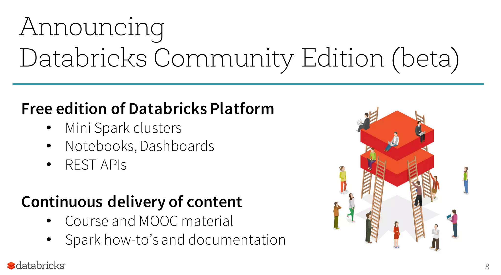 8
Announcing
Databricks Community Edition (beta)
Free edition of Databricks Platform
• Mini Spark clusters
• Notebooks,Dashboards
• REST APIs
Continuous delivery of content
• Course and MOOC material
• Spark how-to’sand documentation
 