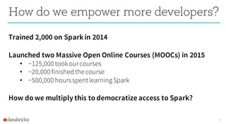7
How do we empower more developers?
Trained 2,000 on Sparkin 2014
Launched two Massive Open Online Courses (MOOCs) in 201...