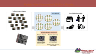 Modelo “Sierra Exportadora” Público - Privado
Intervención Sierra Exportadora
Planes de Negocios Proyectos Productivos
Inversión Privada:
Empresas Ancla
Inversión Pública:
apalancamiento vía fondos
concursables
Normalización e Innovación
Asociatividad
Productores atomizados
Comprador Asegurado
 