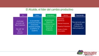 el principal
promotor del
Reto Productivo
Mas allá “del
fierro y
cemento”
Es…
la asociatividad
productiva entre los
productores,
empresas privadas,
el gobierno, la
academia
Lidera…
la Gerencia de
Desarrollo
Económico Local /
Gerencia de
Desarrollo
Productivo
Empodera…
•Sistematiza
experiencias
•Alianzas Productivas
•Proyectos Productivos
•Acceso a Fondos
Concursables
Ejecuta… Trasciende…
“Plan de Acción para
el Desarrollo
Productivo con
visión prospectiva”
El Alcalde, el líder del cambio productivo
 