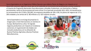 Sierra Exportadora es un Organismo Público Ejecutor que elabora Planes de Negocio con impacto en el
desarrollo nacional, regional y local, que se ha traducido en incremento de beneficiarios y ventas mediante
el impulso de Programas Nacionales hacia Municipios y Alcaldes Productivos, con Seminarios y Talleres
permanentes, tanto en forma presencial como virtual. En el periodo anualizado 2011-2015, los beneficiarios
se incrementaron de 17,595 a 201,891, las empresas atendidas de 100 a 236, los planes de negocio de 117 y
283 unidades y las ventas de S/. 80 millones a S/. 623 millones anuales
Sierra Exportadora se encarga de proyectar la
imagen país a nivel internacional, en eventos en
Europa, Norteamerica y Asia. Ha logrado
negocios productivos con impacto en la balanza
comercial, en la generación de empleo con
inclusión productiva y en la utilización de
Buenas Practicas Agrícolas y Buenas Practicas
Manufactureras.
 