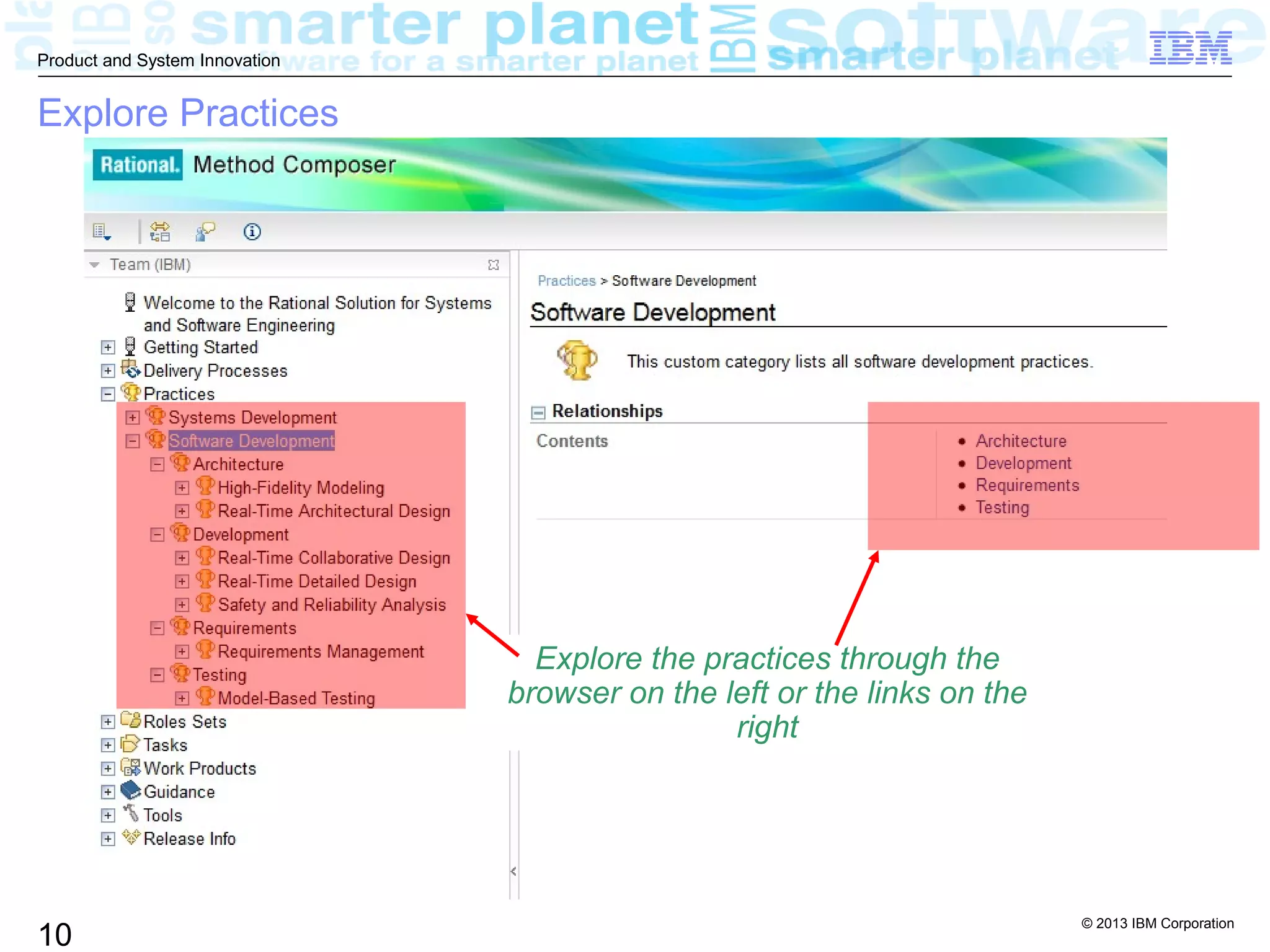 © 2013 IBM Corporation
10
Product and System Innovation
Explore Practices
Explore the practices through the
browser on the left or the links on the
right
 