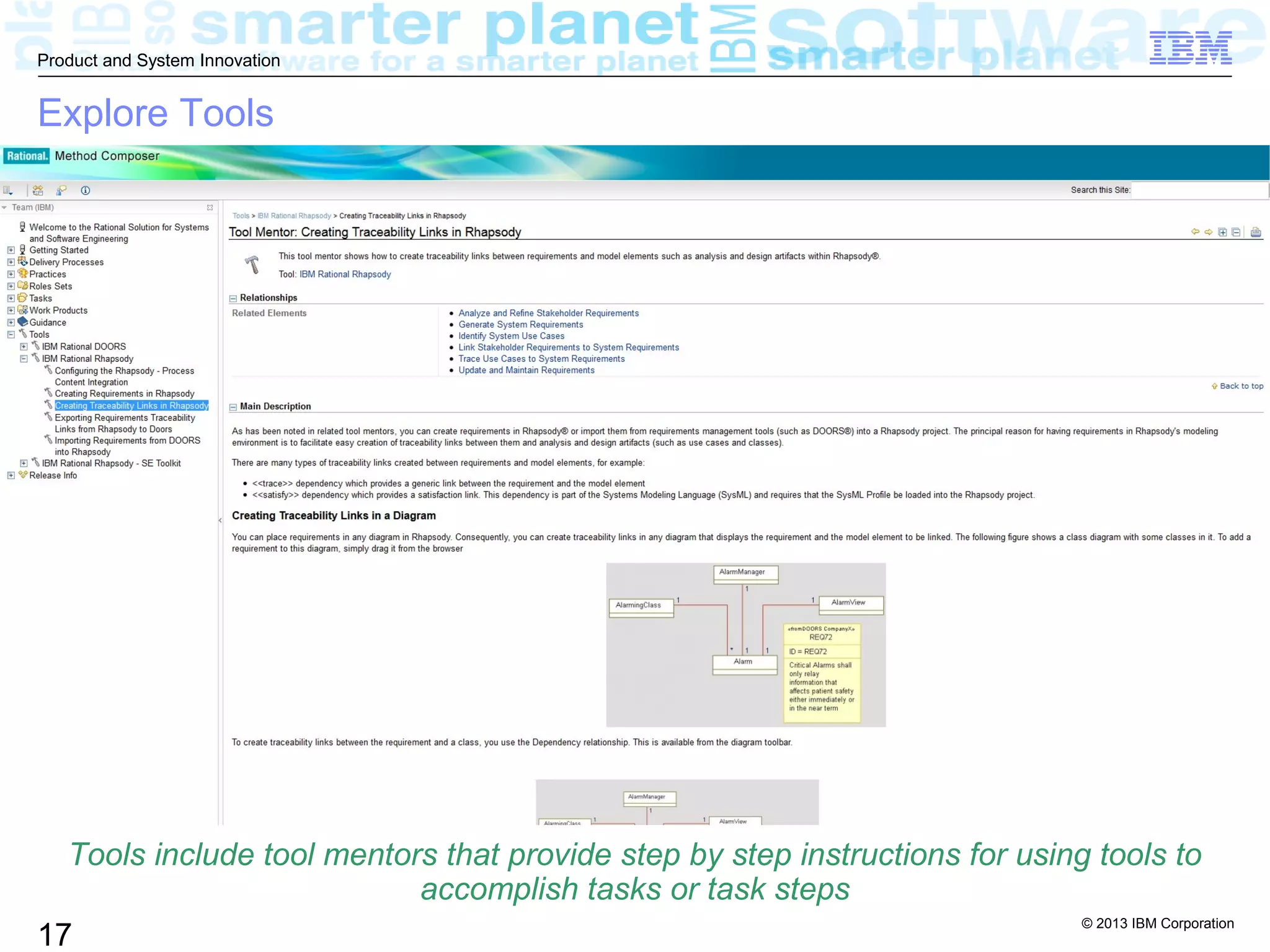 © 2013 IBM Corporation
17
Product and System Innovation
Explore Tools
Tools include tool mentors that provide step by step instructions for using tools to
accomplish tasks or task steps
 