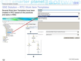 © 2013 IBM Corporation
12
Product and System Innovation
SSE Solution – RTC Work Item Templates
Several Work Item Templates have been
created in RTC based on the practices
and tasks in RMC
 