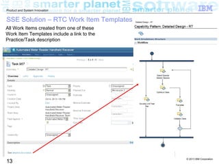 © 2013 IBM Corporation
13
Product and System Innovation
SSE Solution – RTC Work Item Templates
All Work Items created from one of these
Work Item Templates include a link to the
Practice/Task description
 